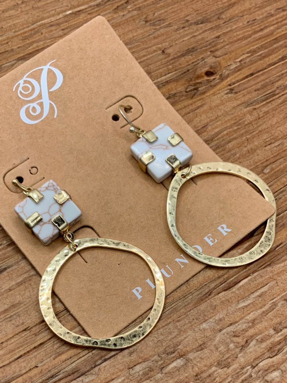 Plunder Design Gold-Tone Hammered White Marble Squares Dangling Earrings